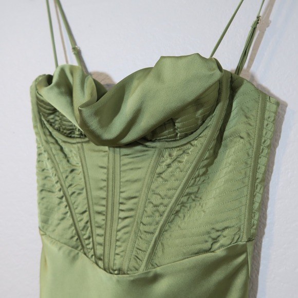 House of CB Myrna Olive Corset Satin Slip Dress Timeless Elegant - Picture 5 of 14